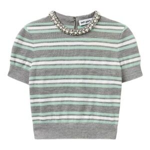 Self-Portrait GREY STRIPED CRYSTAL TRIM KNIT TOP